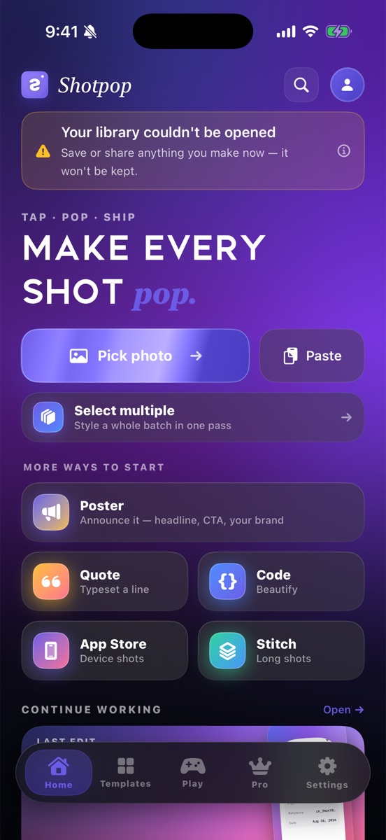 Shotpop home: Pick photo, Paste, and shortcuts to Poster, Quote and Code.