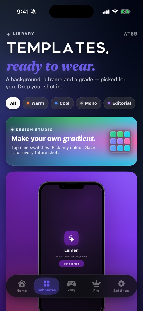 Shotpop template library: a grid of ready-made looks.